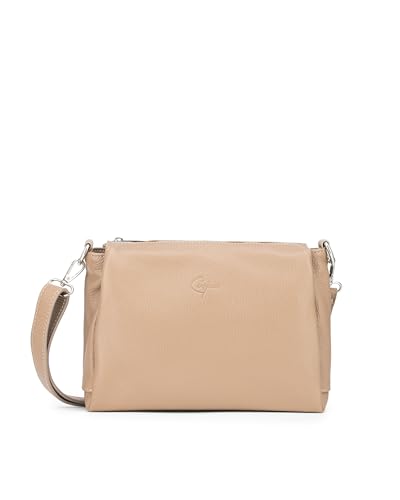 Caspar Klassisch Elegante Leder Umhängetasche Damen Crossbody Bag mit 3 Fächern & verstellbarem Schulterfurt - PREMIUM LINE - Modell No.859 - Made in Italy, Farbe:grau beige von Caspar