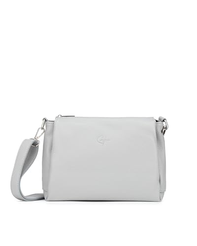 Caspar Klassisch Elegante Leder Umhängetasche Damen Crossbody Bag mit 3 Fächern & verstellbarem Schulterfurt - PREMIUM LINE - Modell No.859 - Made in Italy, Farbe:hellgrau von Caspar