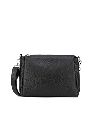 Caspar Klassisch Elegante Leder Umhängetasche Damen Crossbody Bag mit 3 Fächern & verstellbarem Schulterfurt - PREMIUM LINE - Modell No.859 - Made in Italy, Farbe:schwarz von Caspar