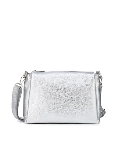Caspar Klassisch Elegante Leder Umhängetasche Damen Crossbody Bag mit 3 Fächern & verstellbarem Schulterfurt - PREMIUM LINE - Modell No.859 - Made in Italy, Farbe:silber metallic von Caspar