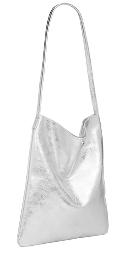 Caspar Klassisch Elegante Schultertasche aus Leder Mittelgroße Damen Shopper Handtasche - CLASSIC LINE - Modell No.822 - Made in Italy, Farbe:silber metallic von Caspar