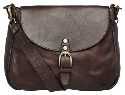 Caspar Klassische Vintage Umhängetasche aus samtweichem gewaschenem Leder Mittelgroße Cross Body Messenger Bag - SIGNATURE LINE - Modell No.821 - Made in Italy, Farbe:dunkelbraun von Caspar