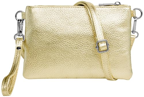 Caspar Kleine Leder Clutch Damen Umhängetasche Abendtasche mit verstellbarem Schultergurt & Handschlaufe - CLASSIC LINE - Modell No.852 - Made in Italy, Farbe:gold metallic von Caspar