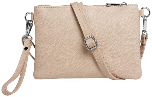 Caspar Kleine Leder Clutch Damen Umhängetasche Abendtasche mit verstellbarem Schultergurt & Handschlaufe - CLASSIC LINE - Modell No.852 - Made in Italy, Farbe:rosa beige von Caspar
