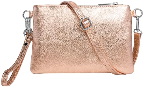 Caspar Kleine Leder Clutch Damen Umhängetasche Abendtasche mit verstellbarem Schultergurt & Handschlaufe - CLASSIC LINE - Modell No.852 - Made in Italy, Farbe:roségold metallic von Caspar