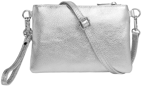 Caspar Kleine Leder Clutch Damen Umhängetasche Abendtasche mit verstellbarem Schultergurt & Handschlaufe - CLASSIC LINE - Modell No.852 - Made in Italy, Farbe:silber metallic von Caspar