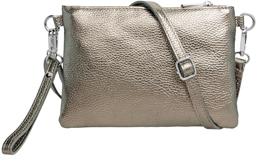 Caspar Kleine Leder Clutch Damen Umhängetasche Abendtasche mit verstellbarem Schultergurt & Handschlaufe - CLASSIC LINE - Modell No.852 - Made in Italy, Farbe:taupe metallic von Caspar