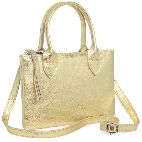 Caspar Kleine Leder Handtasche 2-in1 Damen Umhängetasche mit verstellbarem Schultergurt - CLASSIC LINE - Modell No.837 - Made in Italy, Farbe:gold metallic von Caspar