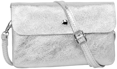 Caspar Mini Leder Umhängetasche Damen Clutch Crossbody Bag mit verstellbarem Schultergurt - CLASSIC LINE - Modell No.827 - Made in Italy, Farbe:silber metallic von Caspar