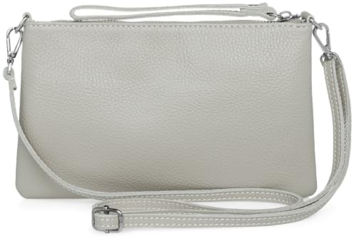 Caspar Kompakte Leder Clutch Damen Umhängetasche Abendtasche mit verstellbarem Schultergurt - CLASSIC LINE - Modell No.834 - Made in Italy, Farbe:hell grau von Caspar