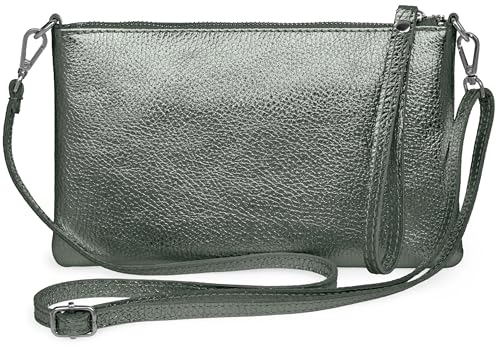 Caspar Kompakte Leder Clutch Damen Umhängetasche Abendtasche mit verstellbarem Schultergurt - CLASSIC LINE - Modell No.834 - Made in Italy, Farbe:olivgrün metallic von Caspar
