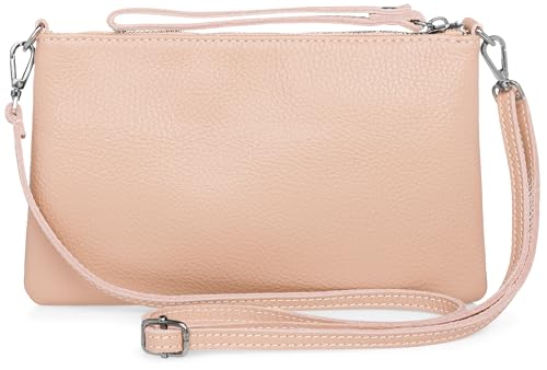 Caspar Kompakte Leder Clutch Damen Umhängetasche Abendtasche mit verstellbarem Schultergurt - CLASSIC LINE - Modell No.834 - Made in Italy, Farbe:rosa von Caspar