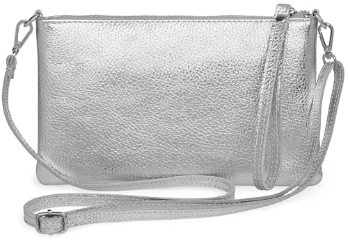Caspar Kompakte Leder Clutch Damen Umhängetasche Abendtasche mit verstellbarem Schultergurt - CLASSIC LINE - Modell No.834 - Made in Italy, Farbe:silber metallic von Caspar