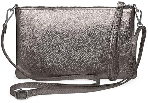 Caspar Kompakte Leder Clutch Damen Umhängetasche Abendtasche mit verstellbarem Schultergurt - CLASSIC LINE - Modell No.834 - Made in Italy, Farbe:taupe metallic von Caspar