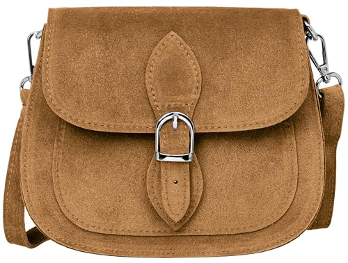 Caspar Leder Umhängetasche Dirndltasche Vintage Tasche kleine Trachtentasche Damen Handtasche aus Wildleder - CLASSIC LINE - Modell No.831 - Made in Italy, Farbe:Karamell Braun von Caspar