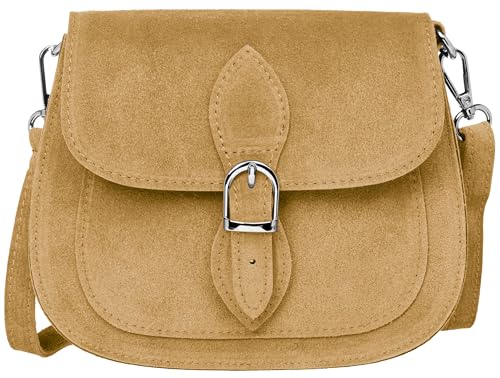 Caspar Leder Umhängetasche Dirndltasche Vintage Tasche kleine Trachtentasche Damen Handtasche aus Wildleder - CLASSIC LINE - Modell No.831 - Made in Italy, Farbe:camel von Caspar