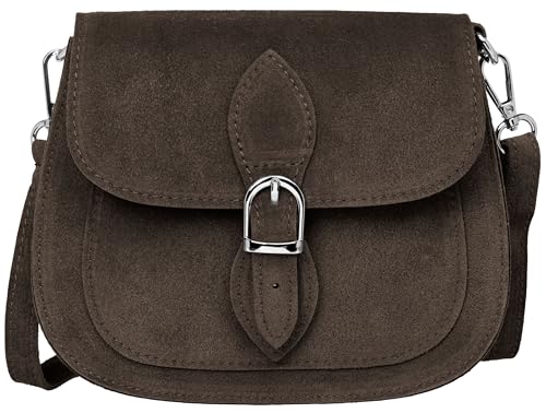 Caspar Leder Umhängetasche Dirndltasche Vintage Tasche kleine Trachtentasche Damen Handtasche aus Wildleder - CLASSIC LINE - Modell No.831 - Made in Italy, Farbe:dunkelbraun von Caspar