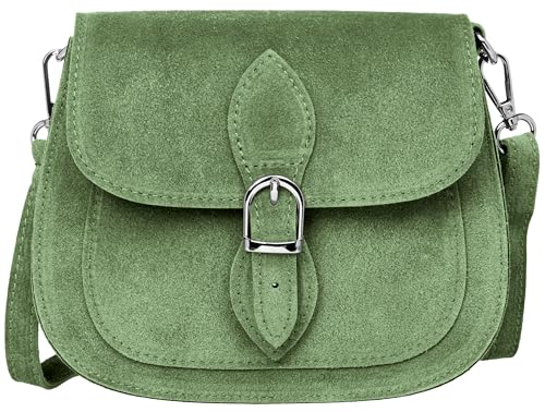 Caspar Leder Umhängetasche Dirndltasche Vintage Tasche kleine Trachtentasche Damen Handtasche aus Wildleder - CLASSIC LINE - Modell No.831 - Made in Italy, Farbe:olivgrün von Caspar