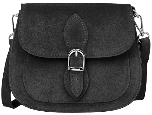 Caspar Leder Umhängetasche Dirndltasche Vintage Tasche kleine Trachtentasche Damen Handtasche aus Wildleder - CLASSIC LINE - Modell No.831 - Made in Italy, Farbe:schwarz von Caspar