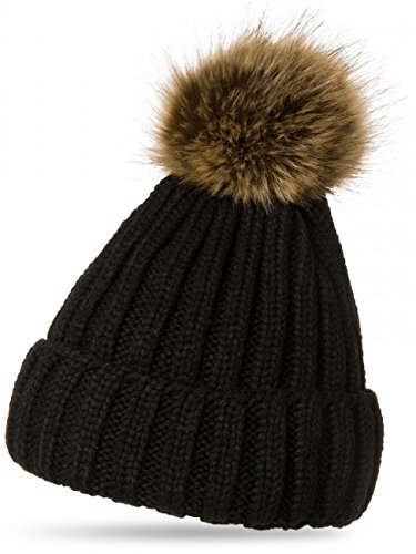 Caspar MU054 Damen Winter Strickmütze mit großem Fellbommel, Farbe:schwarz von Caspar