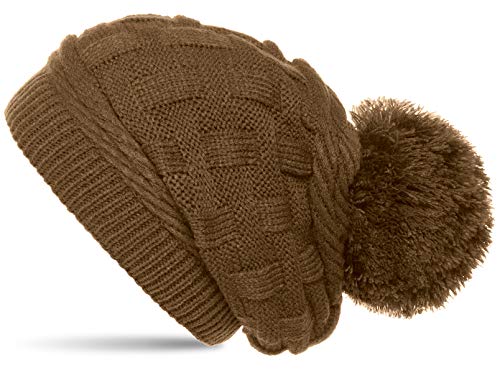 Caspar MU130 Damen Gefütterte Strick Long Beanie mit Zopfmuster und Wollbommel, Farbe:braun, Größe:One Size von Caspar