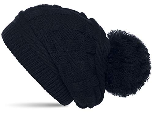 Caspar MU130 Damen Gefütterte Strick Long Beanie mit Zopfmuster und Wollbommel, Farbe:dunkelblau, Größe:One Size von Caspar