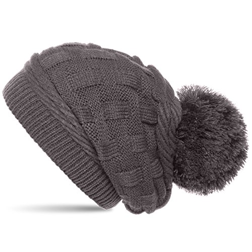 Caspar MU130 Damen Gefütterte Strick Long Beanie mit Zopfmuster und Wollbommel, Farbe:Taupe, Größe:One Size von Caspar