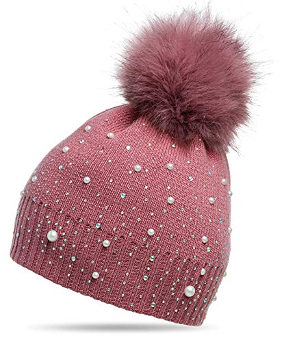 Caspar MU143 Damen Fein Strick Winter Mütze mit Fellbommel, Farbe:altrosa, Größe:One Size von Caspar