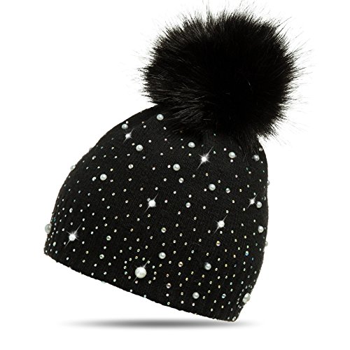 Caspar MU143 Damen Fein Strick Winter Mütze mit Fellbommel, Farbe:schwarz, Größe:One Size von Caspar