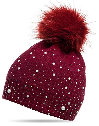 Caspar MU143 Damen Fein Strick Winter Mütze mit Fellbommel, Farbe:weinrot, Größe:One Size von Caspar