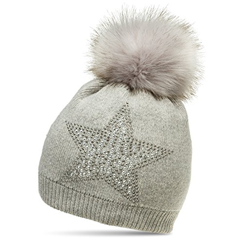 Caspar MU159 Damen Fein Strick Winter Mütze mit Kunstfell Bommel und Glitzer Strass Stern, Größe:One Size, Farbe:hellgrau von Caspar