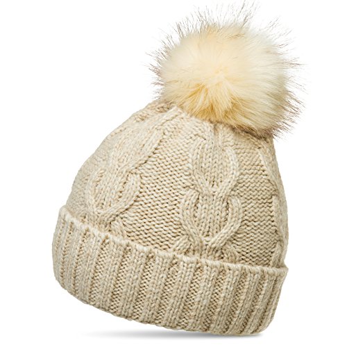 Caspar MU175 Damen Winter Mütze Strickmütze Bommelmütze mit großem Fellbommel, Farbe:beige, Größe:One Size von Caspar