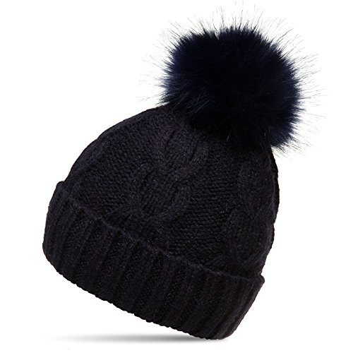 Caspar MU175 Damen Winter Mütze Strickmütze Bommelmütze mit großem Fellbommel, Farbe:dunkelblau, Größe:One Size von Caspar