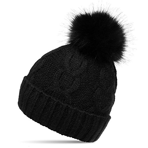 Caspar MU175 Damen Winter Mütze Strickmütze Bommelmütze mit großem Fellbommel, Farbe:schwarz, Größe:One Size von Caspar