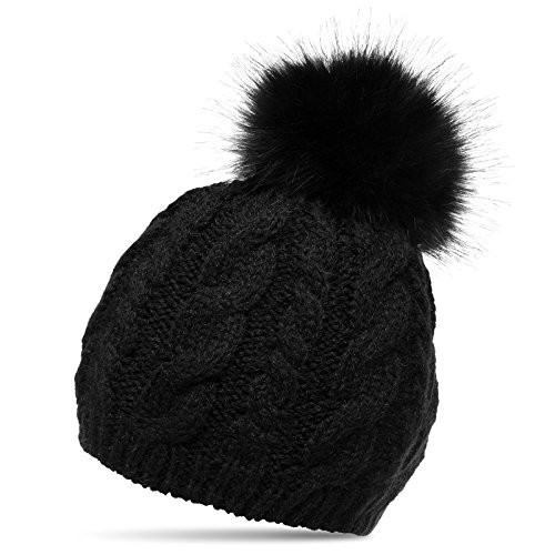 Caspar MU176 Damen Winter Mütze Strickmütze Bommelmütze mit großem Kunstfell Bommel, Farbe:schwarz, Größe:One Size von Caspar
