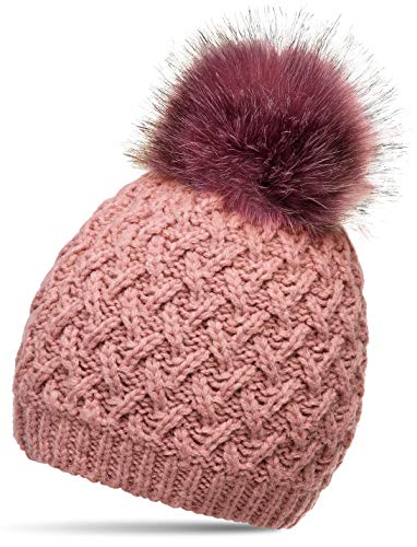 Caspar MU177 Damen Winter Mütze Strickmütze Bommelmütze mit großem Fellbommel, Farbe:rosa, Größe:One Size von Caspar