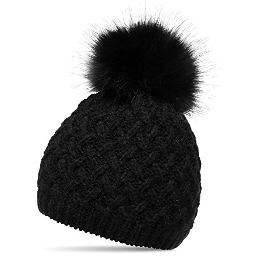 Caspar MU177 Damen Winter Mütze Strickmütze Bommelmütze mit großem Fellbommel (One Size, schwarz) von Caspar