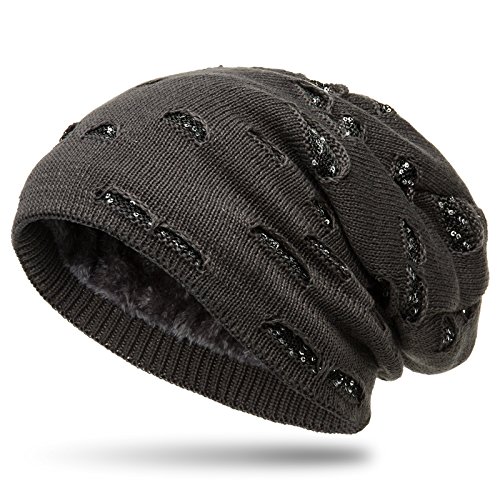 Caspar MU178 gefütterte Feinstrick Beanie Mütze im Destroyed Glitzer Look, Farbe:dunkelgrau, Größe:One Size von Caspar