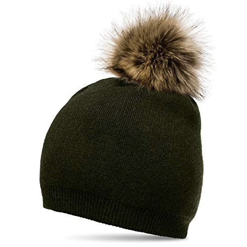 Caspar MU187 elegante Damen Feinstrick Mütze Bommelmütze mit Fellbommel, Farbe:oliv grün, Größe:One Size von Caspar