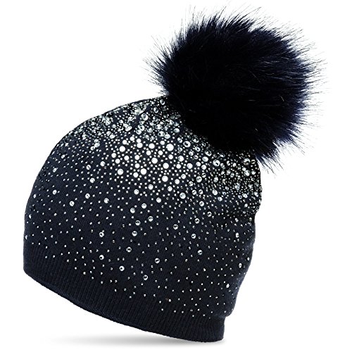 Caspar MU188 Damen Fein Strick Glitzer Strass Winter Mütze mit Fellbommel, Farbe:dunkelblau, Größe:One Size von Caspar