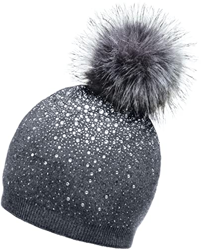 Caspar MU188 Damen Fein Strick Glitzer Strass Winter Mütze mit Fellbommel, Farbe:dunkelgrau, Größe:One Size von Caspar