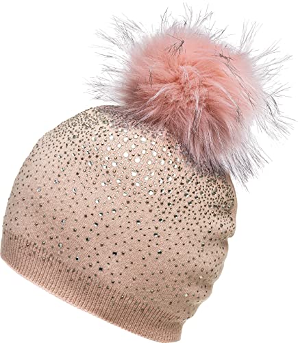 Caspar MU188 Damen Fein Strick Glitzer Strass Winter Mütze mit Fellbommel, Farbe:rosa, Größe:One Size von Caspar