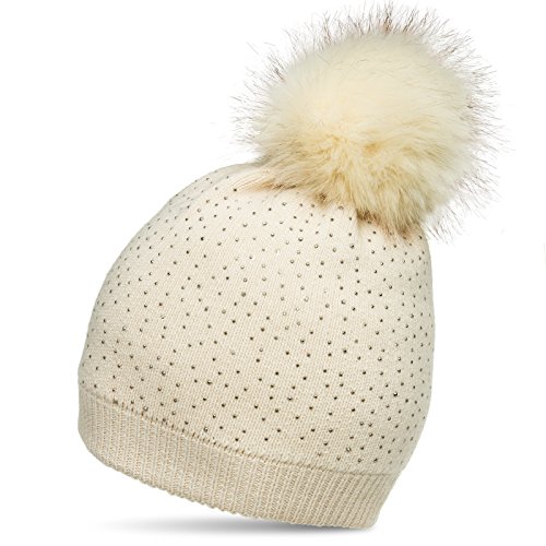 Caspar MU191 Damen Fein Strick Winter Mütze mit Fellbommel und dezentem Glitzer Strass, Farbe:beige, Größe:One Size von Caspar