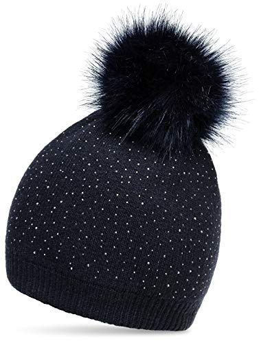 Caspar MU191 Damen Fein Strick Winter Mütze mit Fellbommel und dezentem Glitzer Strass, Farbe:dunkelblau, Größe:One Size von Caspar