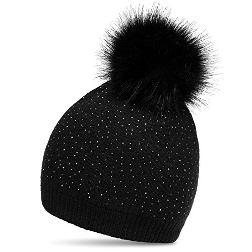 Caspar MU191 Damen Fein Strick Winter Mütze mit Fellbommel und dezentem Glitzer Strass, Farbe:schwarz, Größe:One Size von Caspar