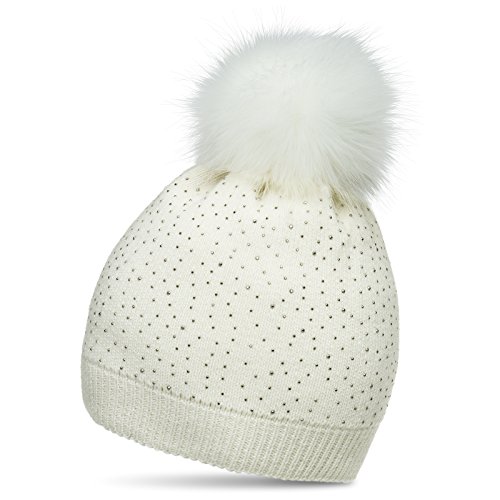 Caspar MU191 Damen Fein Strick Winter Mütze mit Fellbommel und dezentem Glitzer Strass, Größe:One Size, Farbe:wollweiß von Caspar