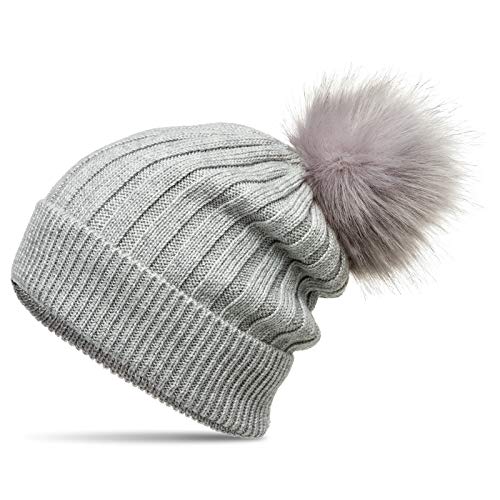 Caspar MU204 Gefütterte Damen Strick Long Beanie Mütze mit tierschutzgerechtem Kunstfell Bommel, Farbe:hellgrau, Größe:Einheitsgröße von Caspar