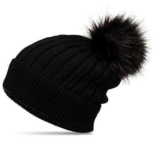 Caspar MU204 Gefütterte Damen Strick Long Beanie Mütze mit tierschutzgerechtem Kunstfell Bommel, Farbe:schwarz, Größe:Einheitsgröße von Caspar