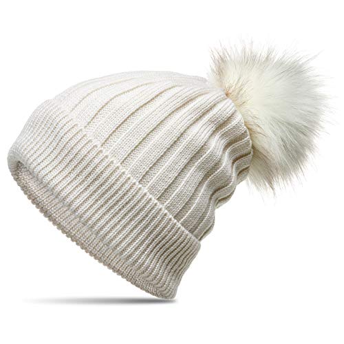 Caspar MU204 Gefütterte Damen Strick Long Beanie Mütze mit tierschutzgerechtem Kunstfell Bommel, Farbe:wollweiß, Größe:Einheitsgröße von Caspar