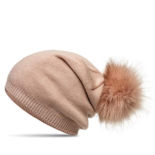 Caspar MU205 Gefütterte Damen Feinstrick Long Beanie Mütze mit tierschutzgerechtem Kunstfell Bommel, Farbe:rosa, Größe:Einheitsgröße von Caspar